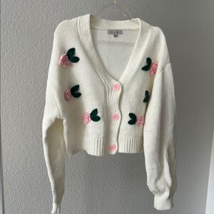Knitted looking Cream Cardigan Sweater with Pink Roses